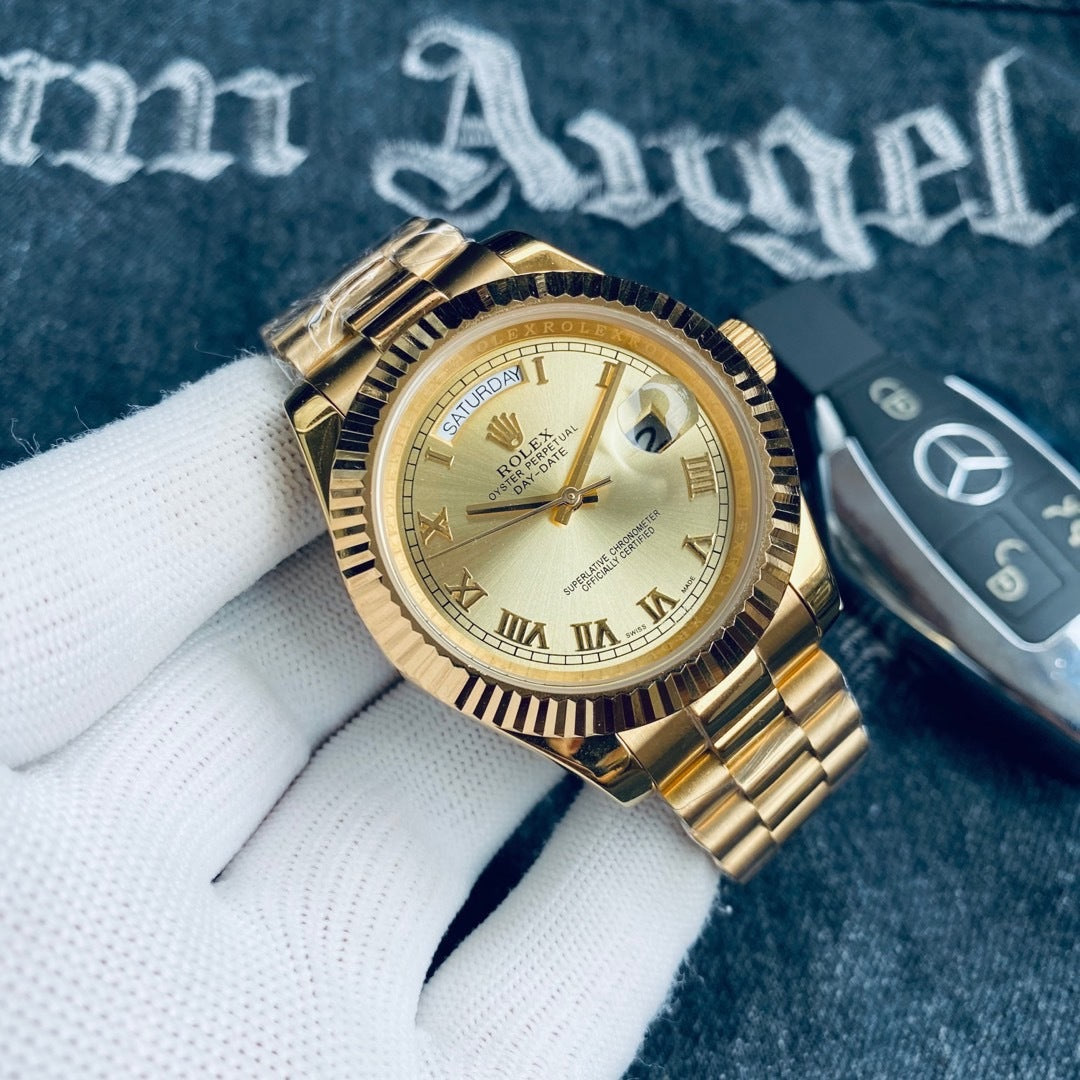 Yellow Gold Day Week Champagne Roman Numerals Dial - Luxury Watch