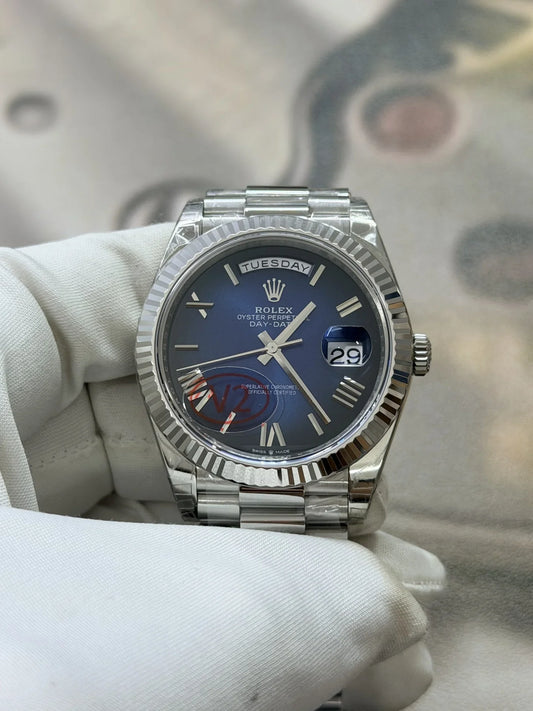 Day Week 40mm Stainless Steel Blue gradient fade Roman Dial - Luxury Watch