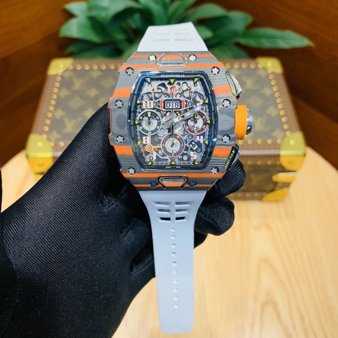 Carbon Sports Watch White Rubber Orange Dial- Luxury Watch