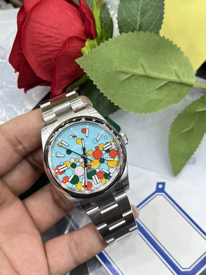 41mm Stainless Steel Three-Link Bracelet Baby Blue Dial- Luxury Watch