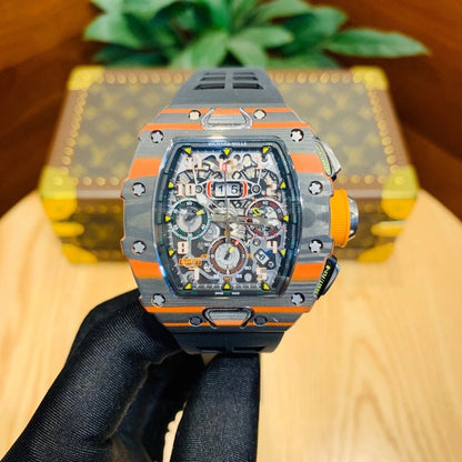 Carbon Sports Watch Black Rubber Orange Dial- Luxury Watch