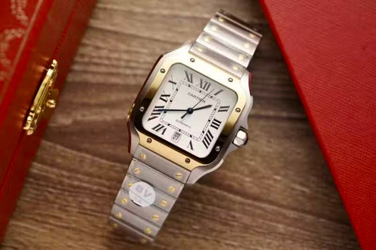 Square Watch Large Two Tone Stainless Steel Gold White Dial