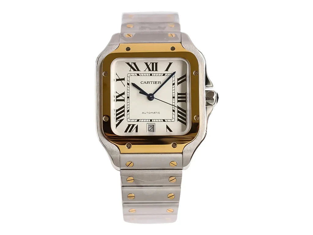 Square Watch Large Two Tone Stainless Steel Gold White Dial