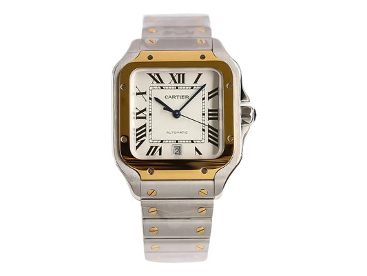 Square Watch Large Two Tone Stainless Steel Gold White Dial